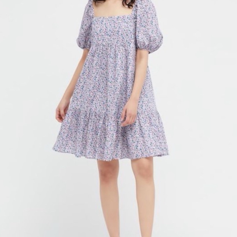 Uniqlo Lavender Floral Puff-Sleeve Mini Dress